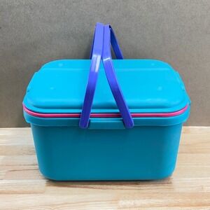 Vintage 90s Eagle Craftstor Sewing Craft Storage Tote Bin Teal Purple Pink 16"
